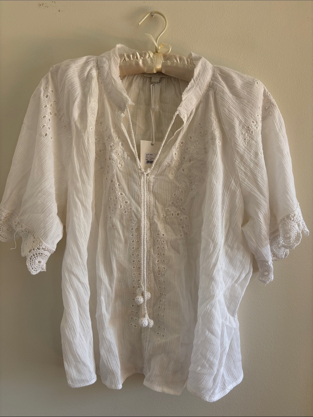 White Eyelet Tie-Front Peasant Blouse